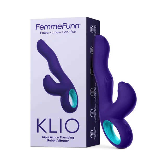 Dark purple FemmeFunn Klio vibrator beside retail box