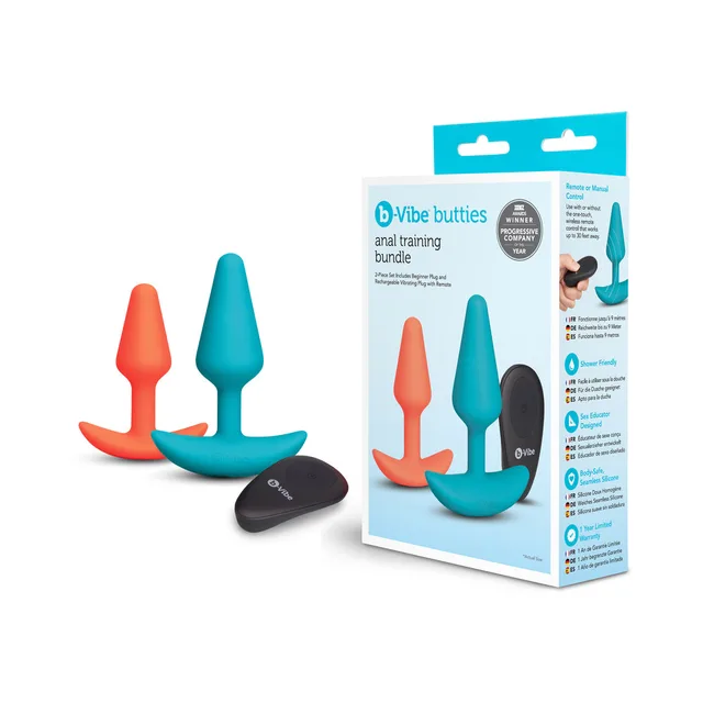 b-Vibe Butties teal and coral training set beside turquoise retail box