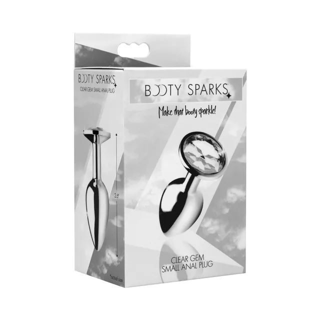 small silver Booty Sparks anal plug with clear round gem on grey box