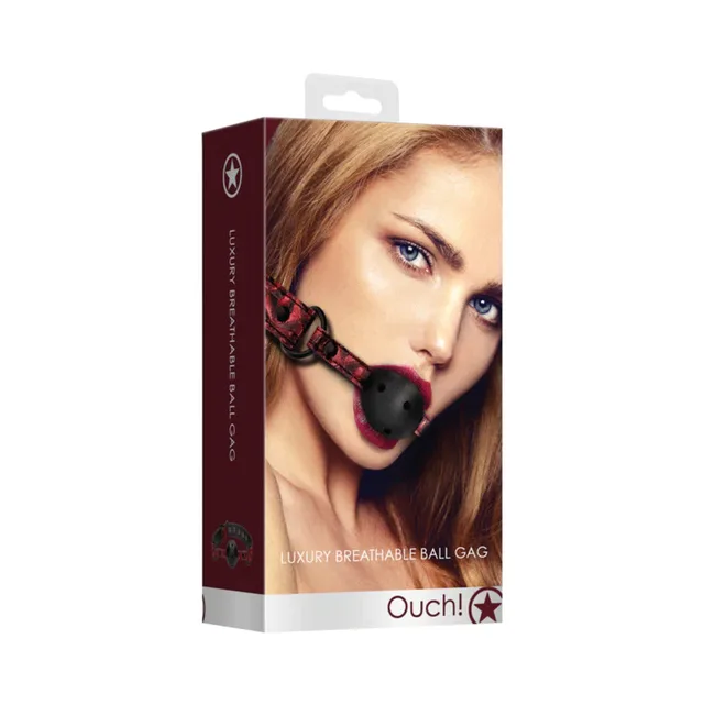 Burgundy Ouch vented ball gag with adjustable strap on box