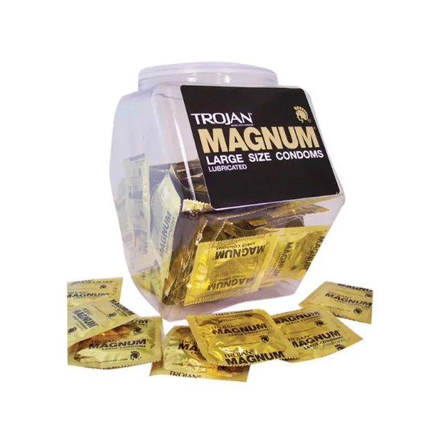Trojan Magnum 40-Piece Bowl clear square bowl with gold foil condom packets