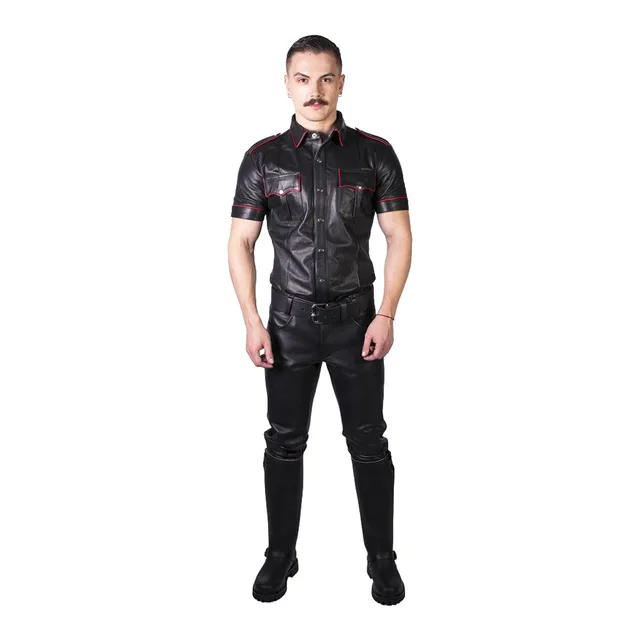 Full Front view of black Prowler RED Leather Jeans in 38-inch waist