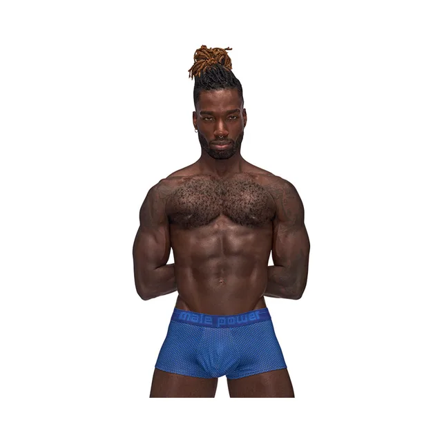 Front waist-up view of royal blue Male Power Sexagon mini short