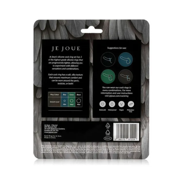 Back of Je Joue black green and blue ring set package