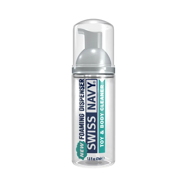 Front of clear 1.6 oz Swiss Navy cleaner bottle with foaming pump
