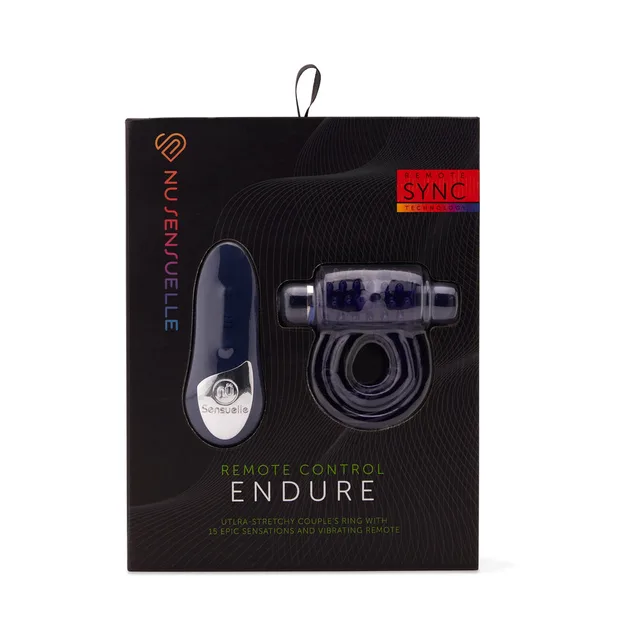 Nu Sensuelle Endure blue remote couples ring displayed in black retail box