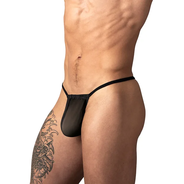 Male Power Mesh 2.0 G-String in black one size worn from the front to show the sheer pouch
