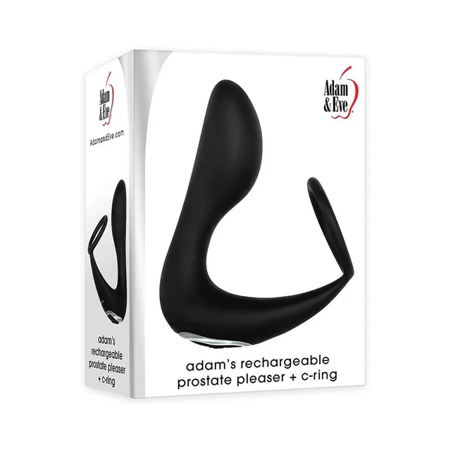Adam's black rechargeable prostate pleaser with C-ring in white retail box