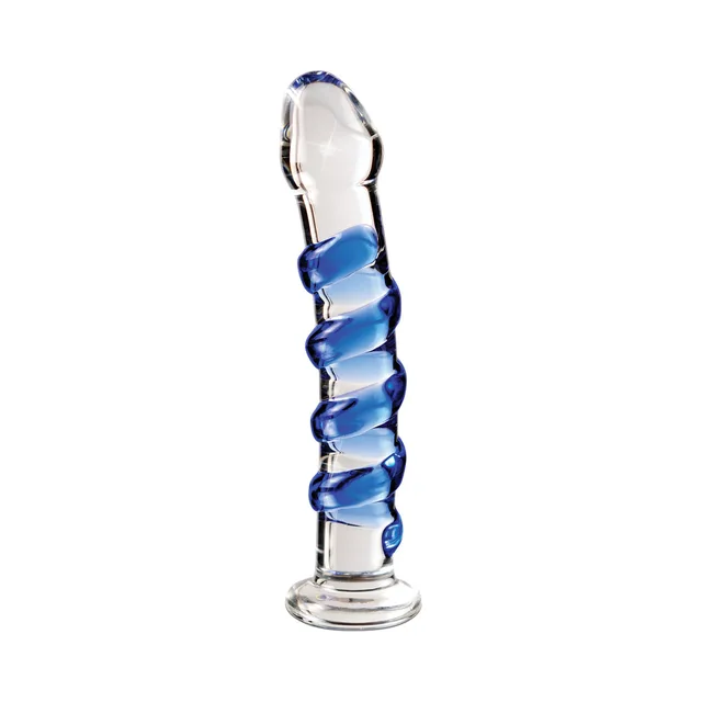 Full front view of clear Icicles No. 5 with blue spiral ribbing