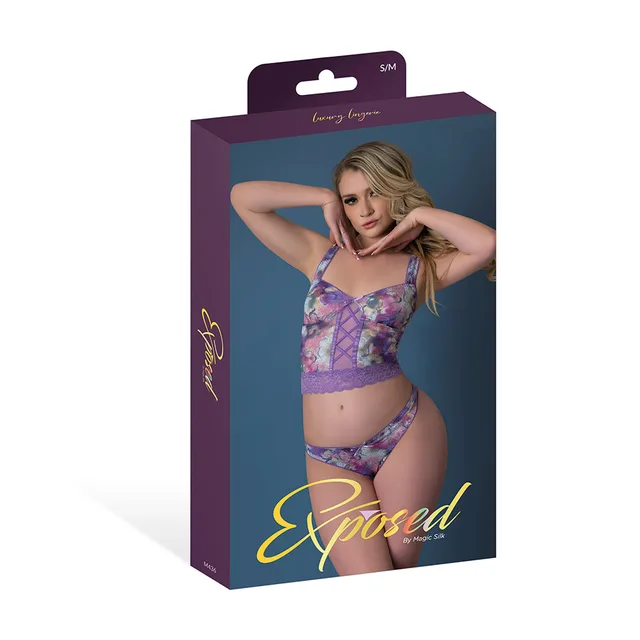 Magic Silk Wisteria Mist purple floral cami and thong set size S/M displayed in purple retail packaging