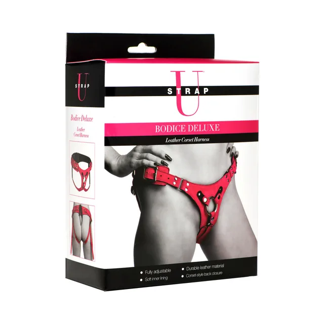 pink Strap U Bodice Deluxe leather corset harness displayed on retail box