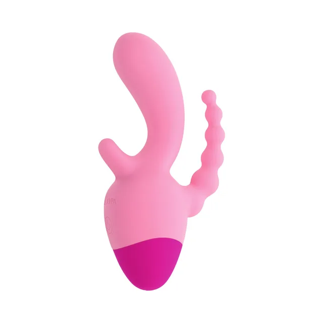 Selopa Game On light pink three-point stimulator front view of the curved main arm and beaded side arm