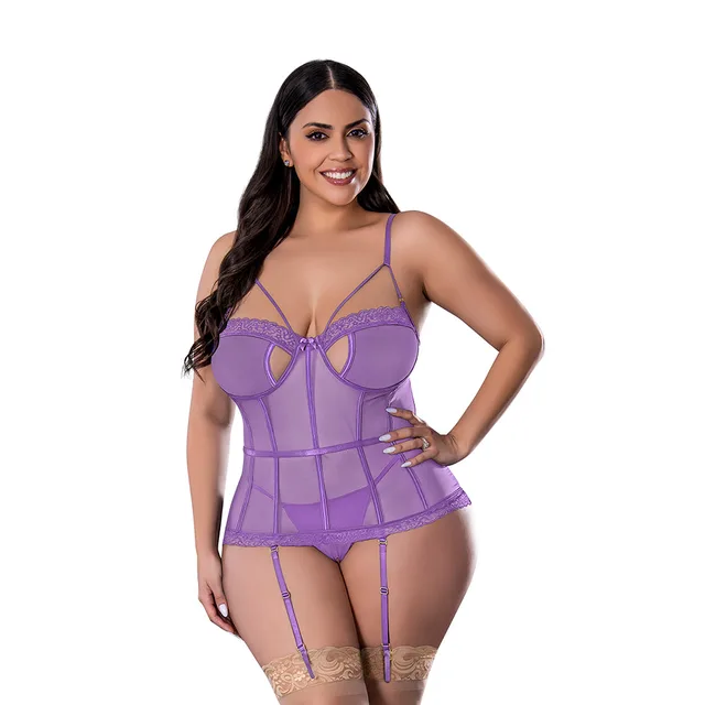 Magic Silk periwinkle keyhole basque set Queen size front view with sheer panels and suspender straps