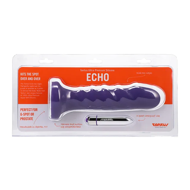 Front package of purple Tantus Echo vibrating dildo