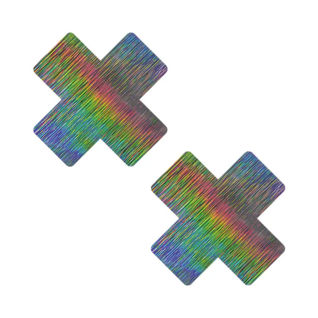 pair of rainbow holographic X-shaped nipple pasties with fine horizontal stripe texture