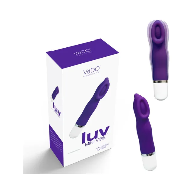 VeDO Luv Into You Indigo Mini Vibrator indigo vibrator beside white purple box