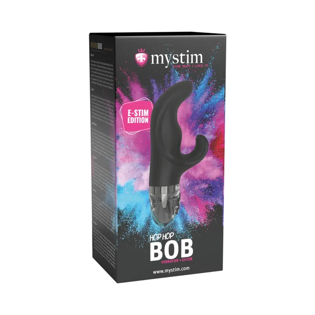 Mystim Hop Hop Bob black rabbit vibrator with curved shaft on galaxy-print black box