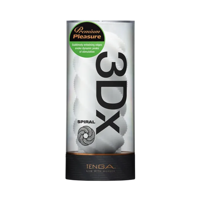 TENGA 3Dx Spiral white stroker sleeve silver retail cylinder labeled Spiral