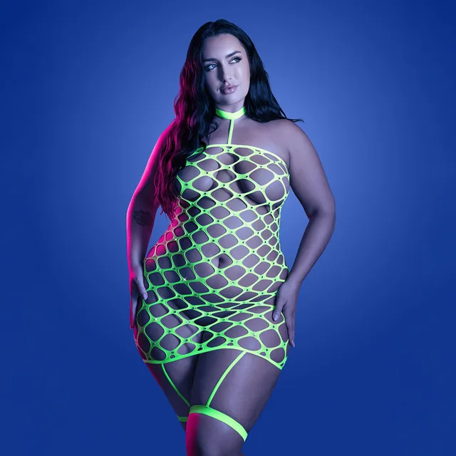 Fantasy Lingerie Glow Warning Sign Gartered Dress Rhinestone Fence Net Queen Size