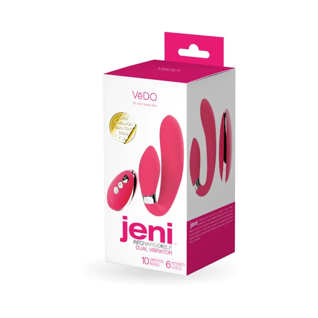 pink VeDO Jeni C-shaped vibrator with matching remote pictured on box