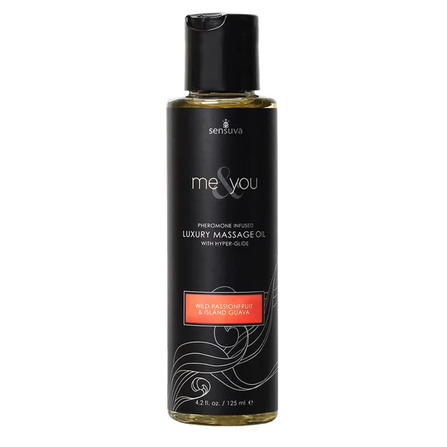 Sensuva Me and You Passion Fruit Guava Oil black 4.2-ounce bottle with orange label