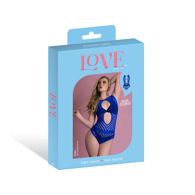 Magic Silk seamless blue cutout teddy displayed in blue retail packaging