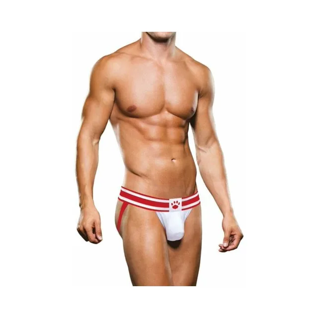 Front view of Prowler white-pouch jock strap with red trim size XL