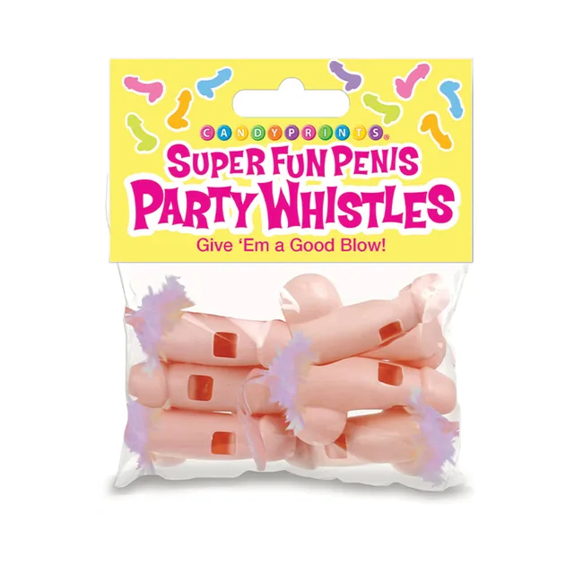 Six peach penis-shaped Super Fun Party Whistles with pink lanyards