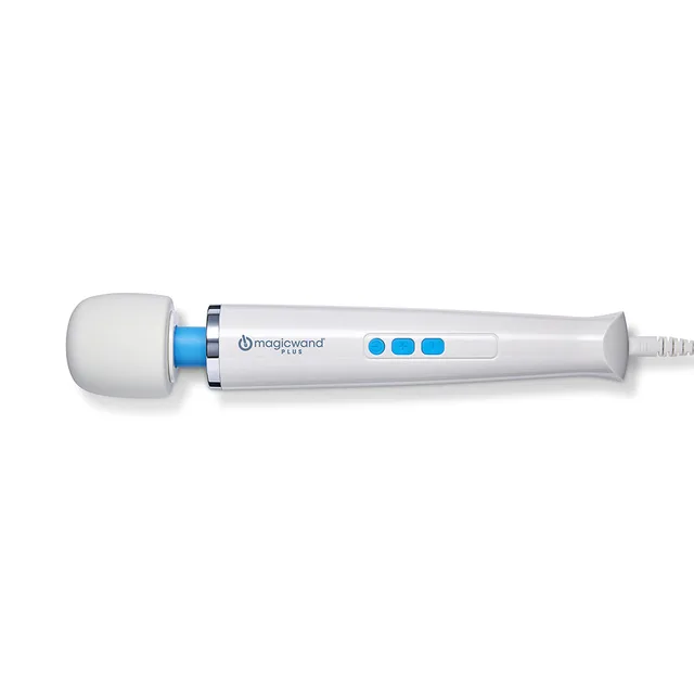 Magic Wand Plus HV-265 white massager horizontal side view with blue neck ring and three controls