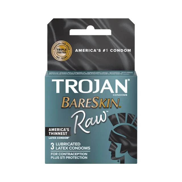 Trojan BareSkin Raw three-count latex condom package front