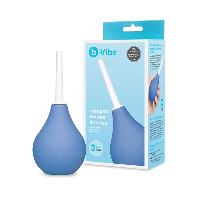 Blue b-Vibe compact enema douche beside turquoise retail box