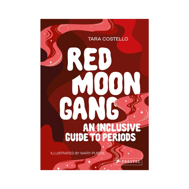 red Red Moon Gang cover with white hand-lettered title and pink menstrual motifs