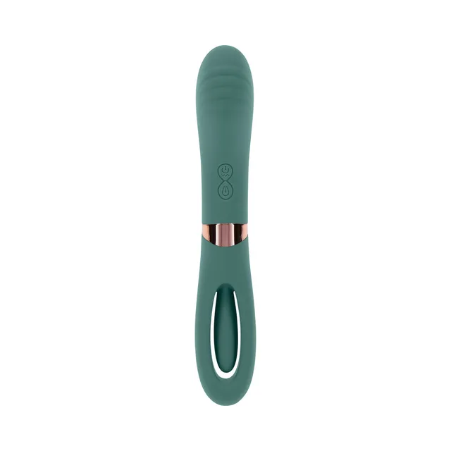 front view of mint Chick Flick vibrator with ribbed upper shaft and oval lower opening