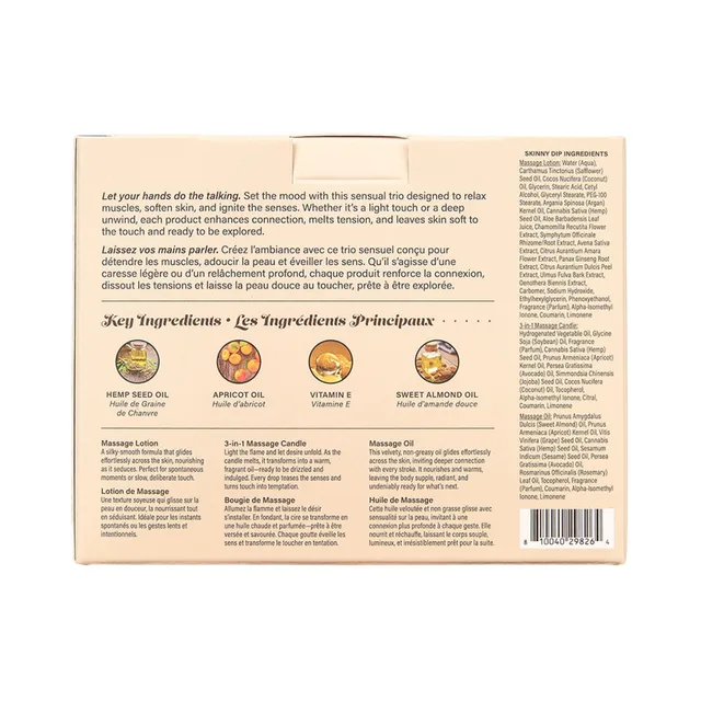 Back of Skinny Dip Tranquility Trio box with ingredient panels