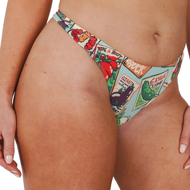 Shinesty Need for Seed pale-green produce print thong size 2XL front close-up with narrow printed waistband