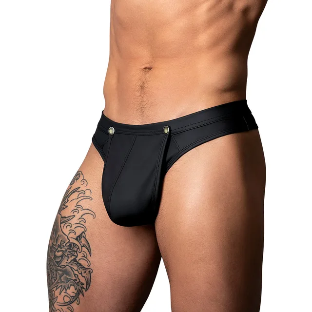 Male Power Oh Snap L/XL black thong closed front view worn by model
