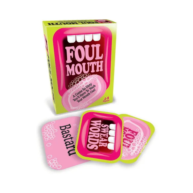 chartreuse Foul Mouth game box with four pink green and white word cards