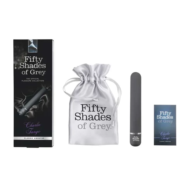 Fifty Shades Charlie Tango Vibrator black slimline vibrator beside box and silver pouch