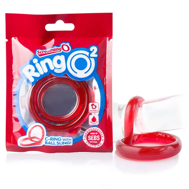 Screaming O RingO2 Red double ring and ball sling beside red retail pouch