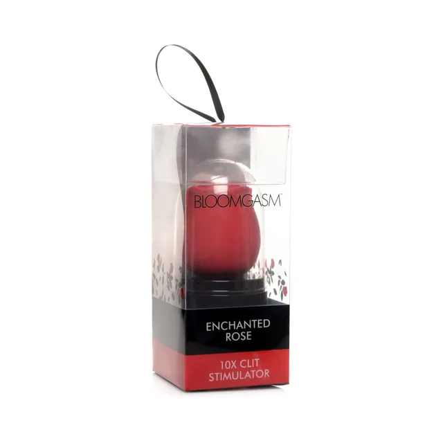 red Bloomgasm Enchanted Rose clit stimulator inside clear charging display case