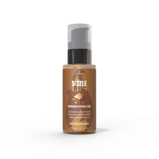 Sensuva Sizzle Lips Salted Caramel gel in brown pump bottle