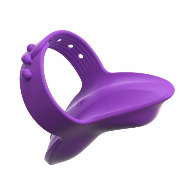 Pipedream Fantasy For Her purple finger vibrator side angle with oval finger ring, raised nubs and curved paddle