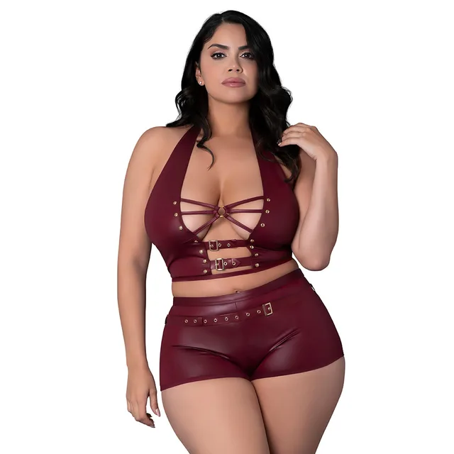 Lust Fetish Thalia queen-size burgundy cutout halter top and short set front view