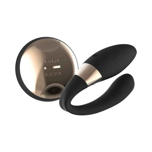Black LELO Tiani Duo paired with rose-gold oval remote