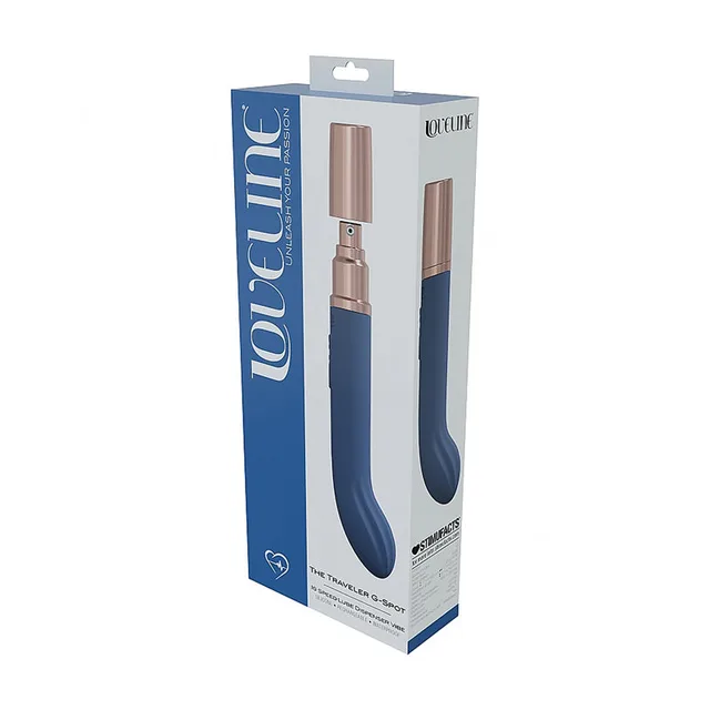 blue-gray LoveLine Traveler G-Spot vibrator inside blue and white retail box