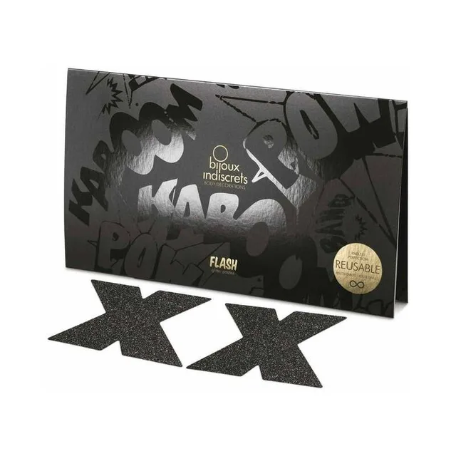 pair of black glitter X-shaped Flash pasties in front of black reusable packaging