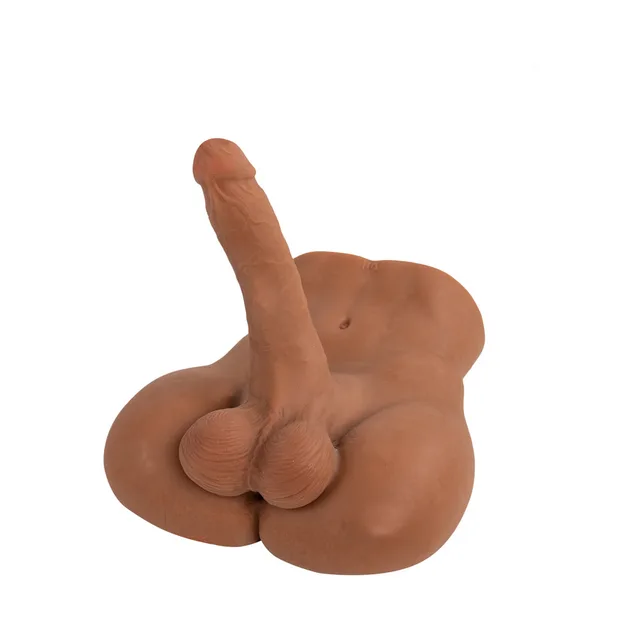 angled front view of brown Camtoyz Landon torso and dildo