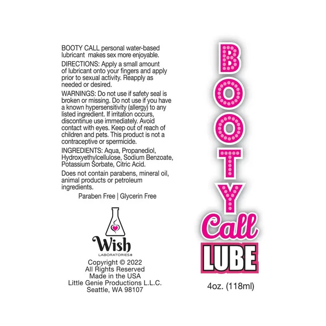 Booty Call lubricant label panel with six ingredients beside pink vertical logo
