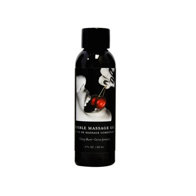 Earthly Body Cherry Edible Massage Oil black 2 oz bottle with cherry label image