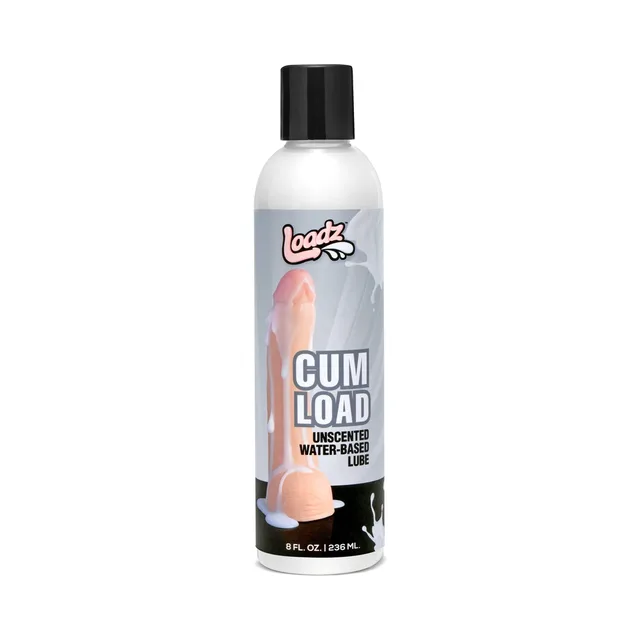 eight ounce Loadz Cum Load unscented water-based lubricant in white bottle